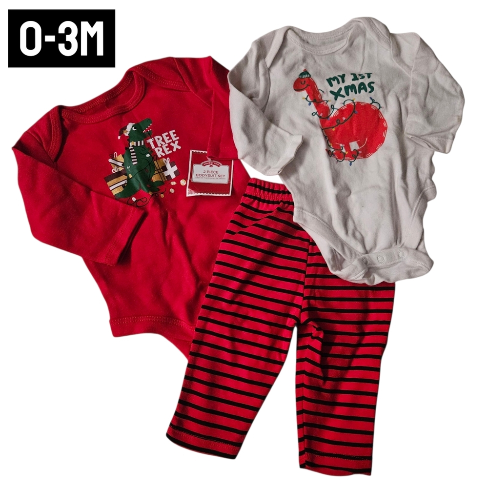 New Old Navy Holiday Time Dino 1st Christmas Bundle Set Baby 0-3M Used